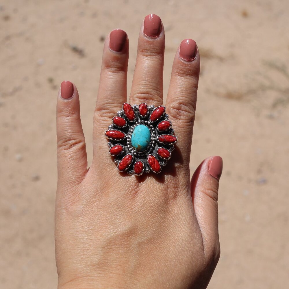 Navajo Cluster Apple Coral & Turquoise Ring Handcrafted NA Jewelry Sz 8.75US**‎